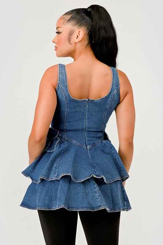 Ruffle Bloom Denim Peplum Top