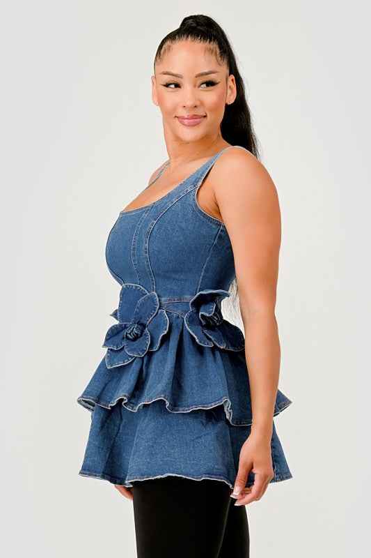 Ruffle Bloom Denim Peplum Top