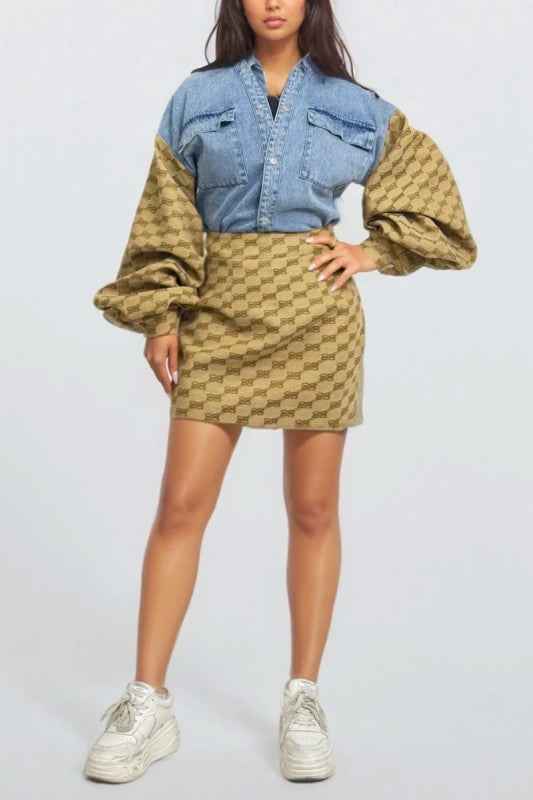 Denim & Monogram Puff Sleeve Two-Piece Set