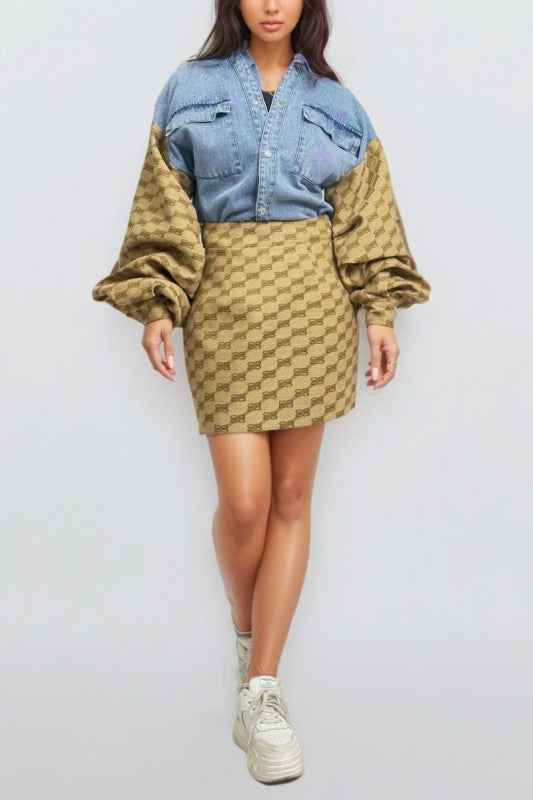 Denim & Monogram Puff Sleeve Two-Piece Set