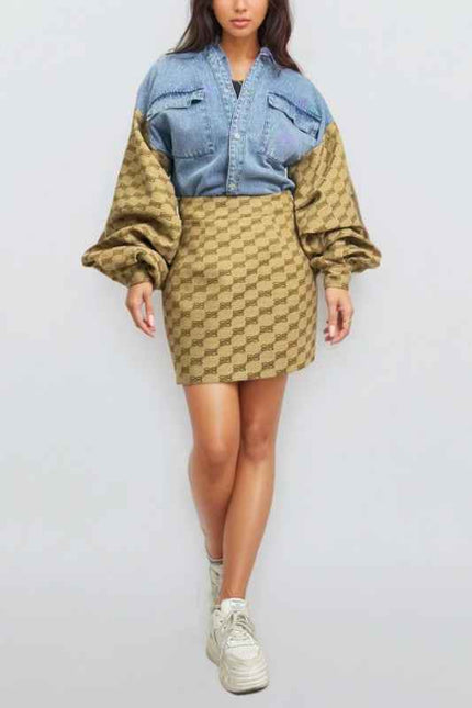 Denim & Monogram Puff Sleeve Two-Piece Set