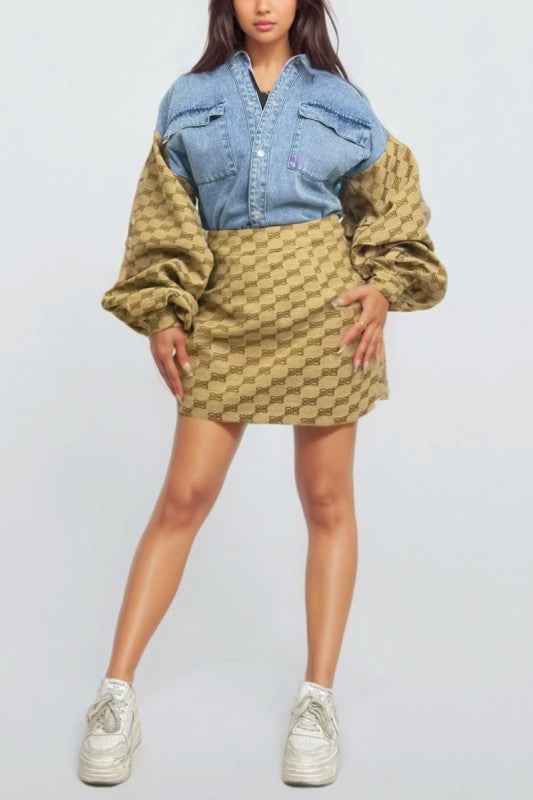 Denim & Monogram Puff Sleeve Two-Piece Set