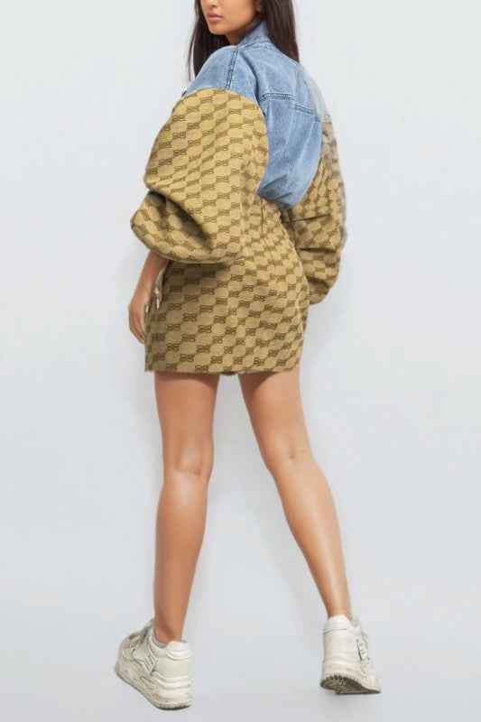 Denim & Monogram Puff Sleeve Two-Piece Set