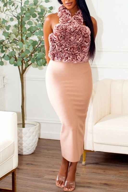 Rose Applique Halter Midi Dress