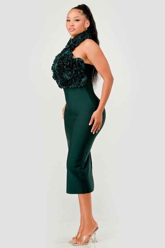 Rose Applique Halter Midi Dress