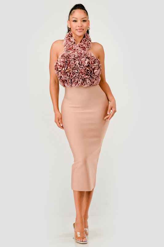 Rose Applique Halter Midi Dress