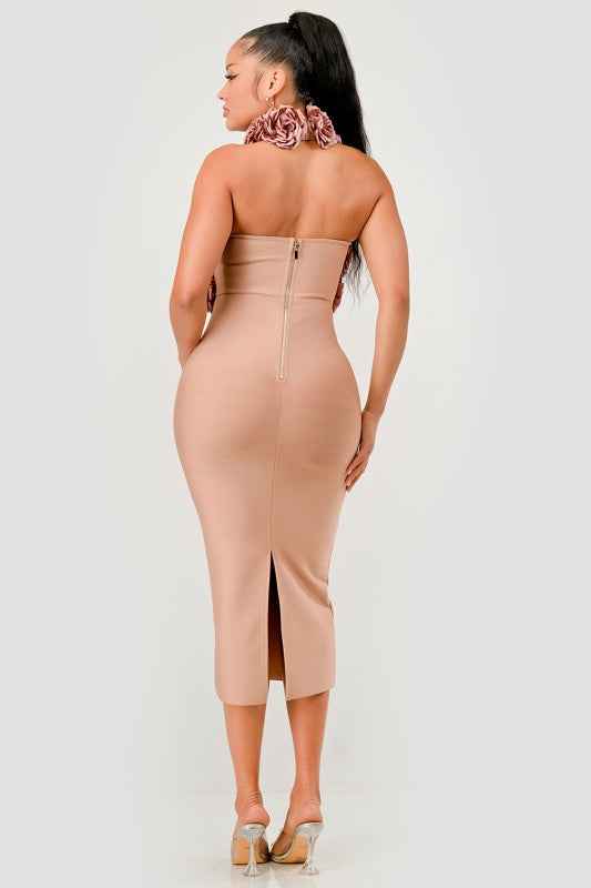 Rose Applique Halter Midi Dress