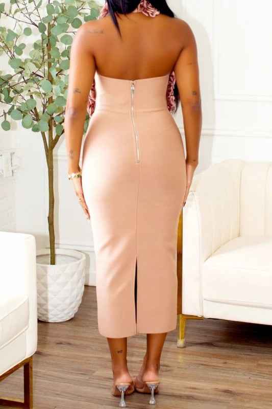 Rose Applique Halter Midi Dress
