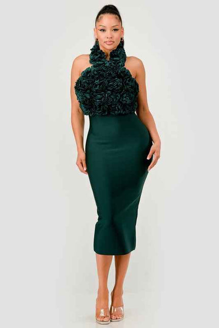 Rose Applique Halter Midi Dress