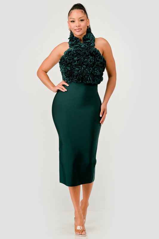 Rose Applique Halter Midi Dress