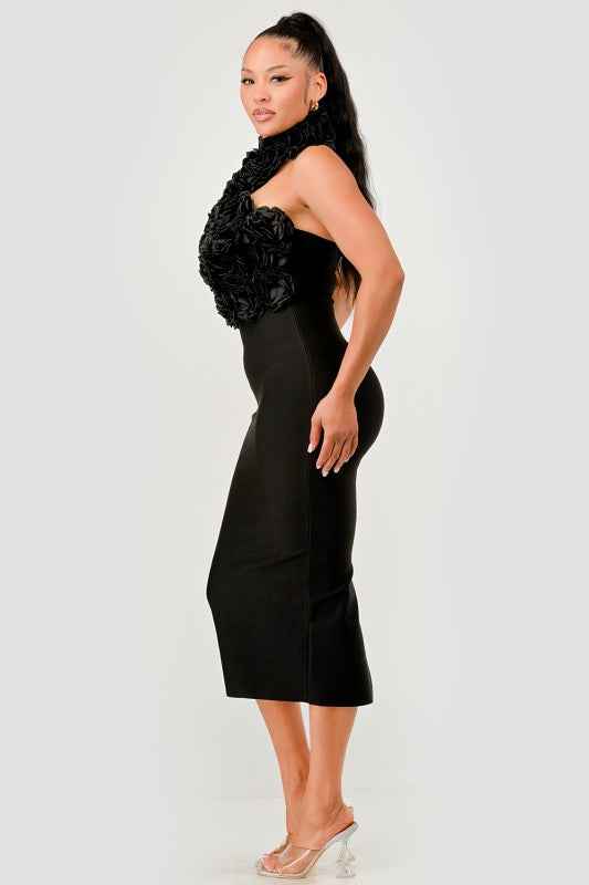 Rose Applique Halter Midi Dress