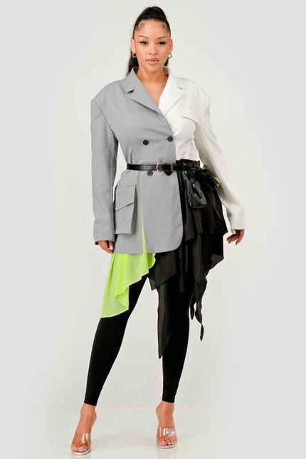 Colorblock Blazer with Layered Skirt Detail