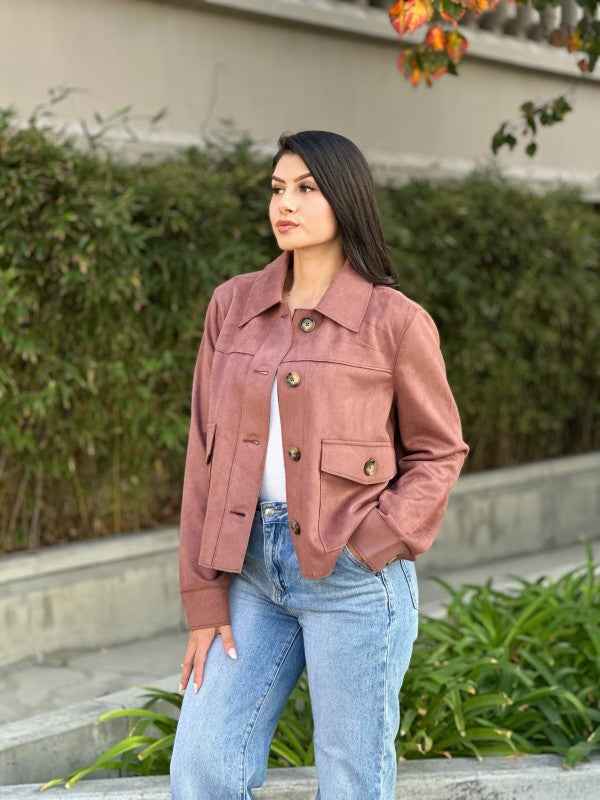 Suede Button Up Solid with Pockets Cropped Jacket