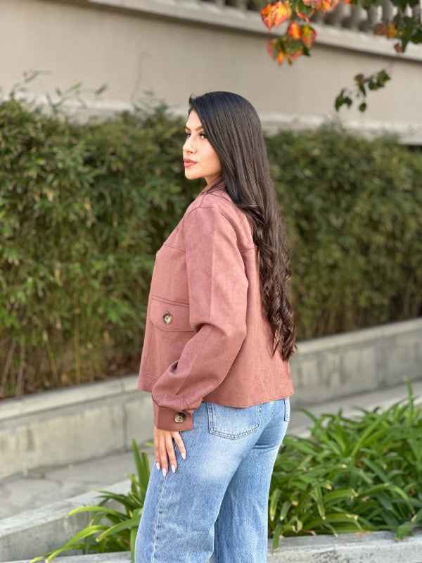 Suede Button Up Solid with Pockets Cropped Jacket