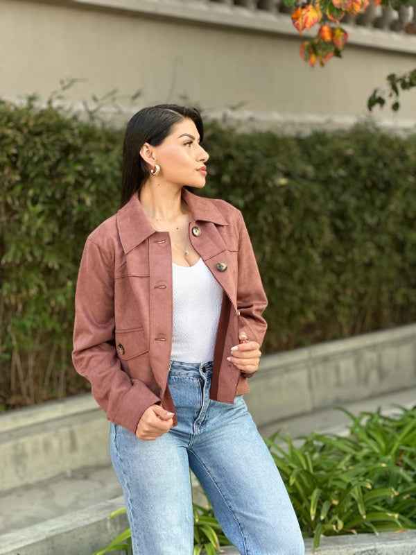 Suede Button Up Solid with Pockets Cropped Jacket