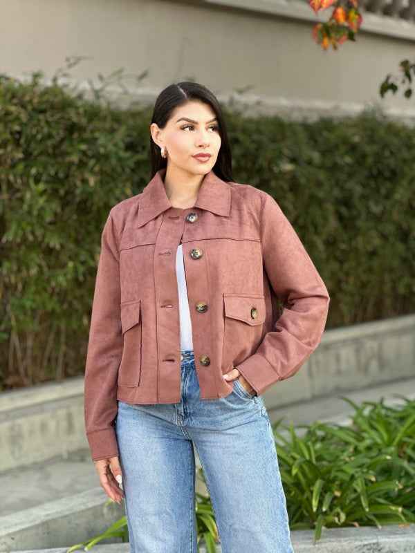 Suede Button Up Solid with Pockets Cropped Jacket