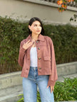 Suede Button Up Solid with Pockets Cropped Jacket