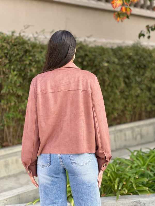 Suede Button Up Solid with Pockets Cropped Jacket