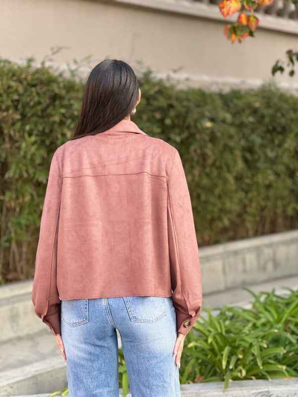 Suede Button Up Solid with Pockets Cropped Jacket