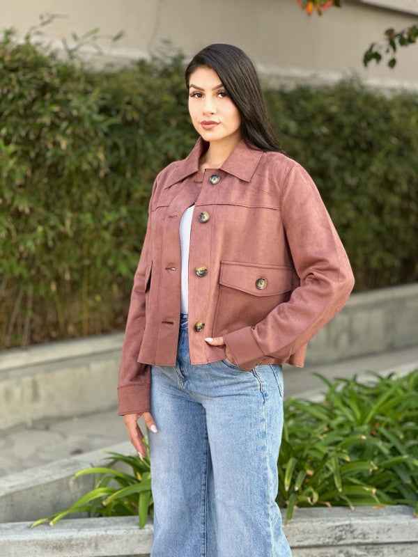 Suede Button Up Solid with Pockets Cropped Jacket