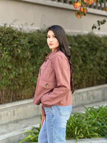 Suede Button Up Solid with Pockets Cropped Jacket