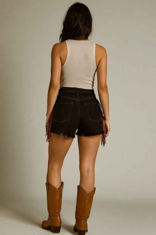 Vaquera Fringe Short in Black Denim