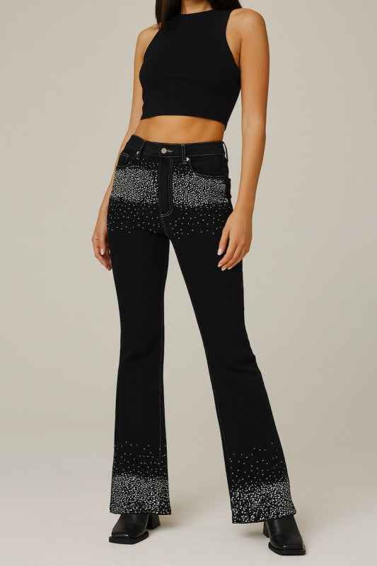 Rhinestone Boot Cut Jean in Black Denim