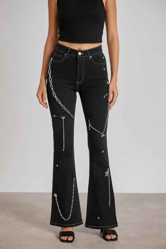 Bootcut Jeans with Chain and Star Embellishments