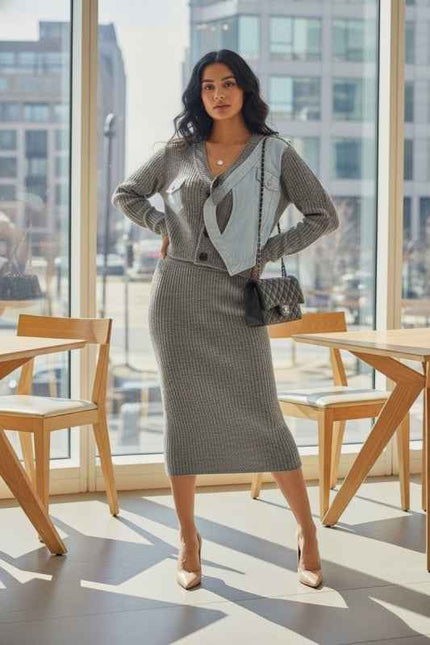 Denim Patchwork Knit Two-Piece Skirt Set