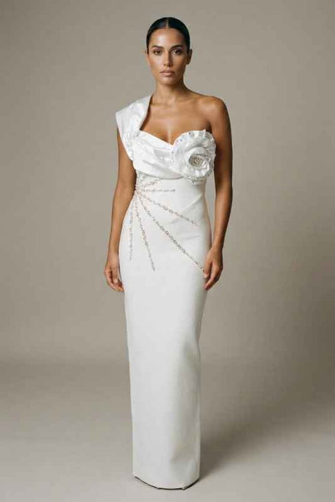 Ivory One-Shoulder Crystal Rosette bandage dress