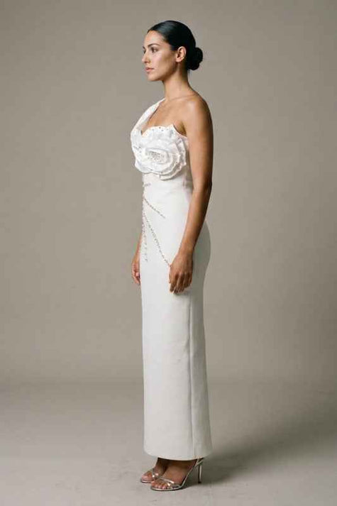 Ivory One-Shoulder Crystal Rosette bandage dress