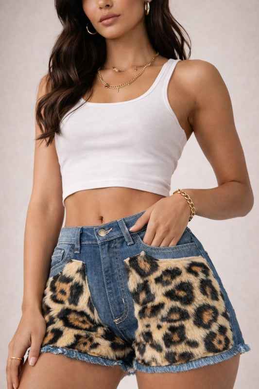 Leopard Fur Denim Short