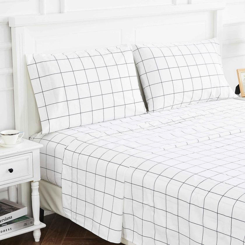 Grid Printed Cotton Percale Sheet Set