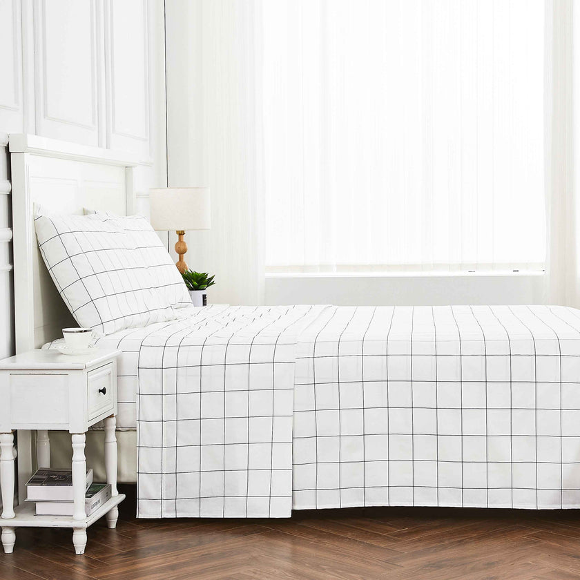 Grid Printed Cotton Percale Sheet Set