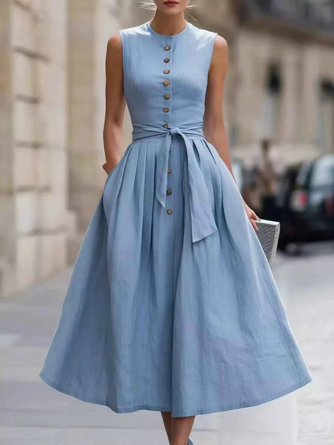 Full Size Sleeveless Button-Front Belted Midi Dress Plus Size