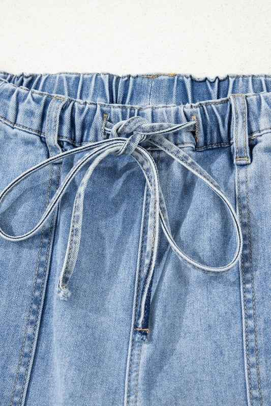Denim Raw Hem Drawstring Wide Leg Pants