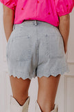 Dusk Blue Scalloped Hemline Acid Wash High Waist Denim Shorts - Pikemla