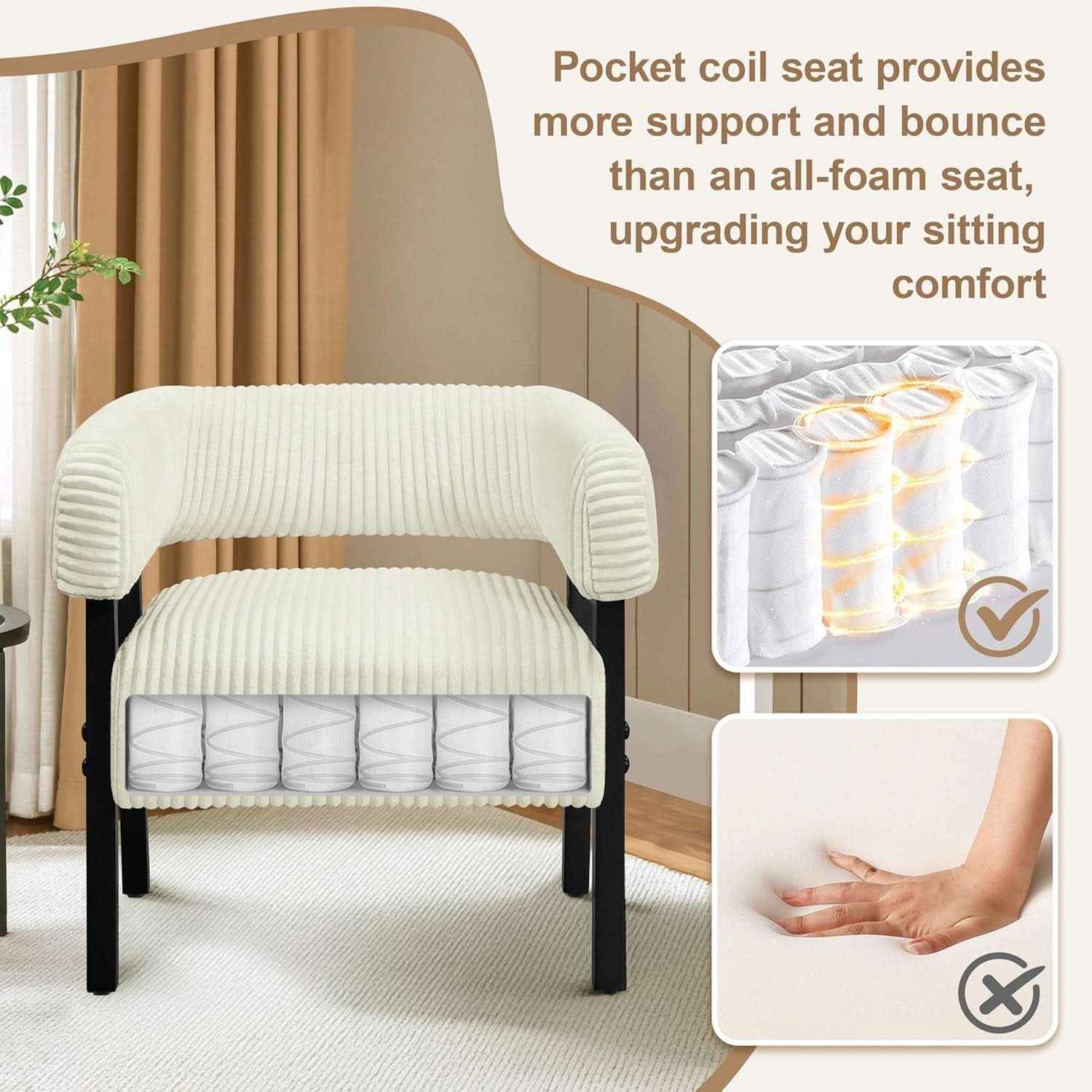 Beige Corduroy Barrel Chair Set Of 2 With Wood Legs