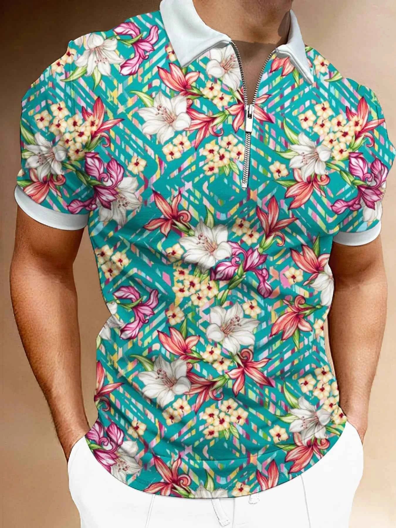 Men's Full Size Floral Print Zip-Up Polo Plus Size
