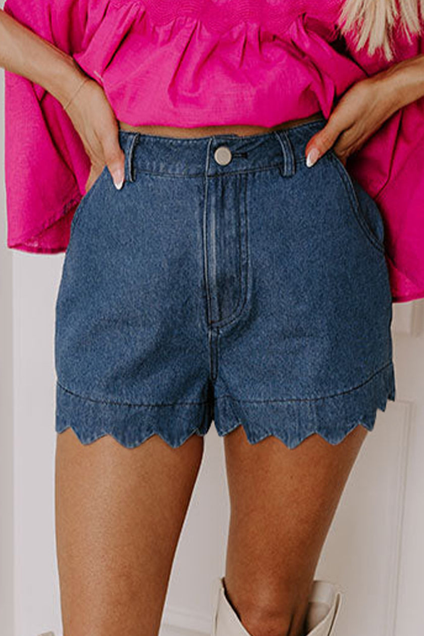 Dusk Blue Scalloped Hemline Acid Wash High Waist Denim Shorts - Pikemla