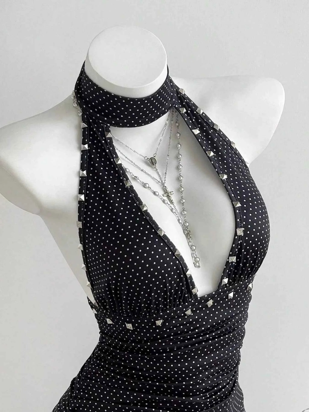 Polka Dot Cutout Front Halter Neck Dress