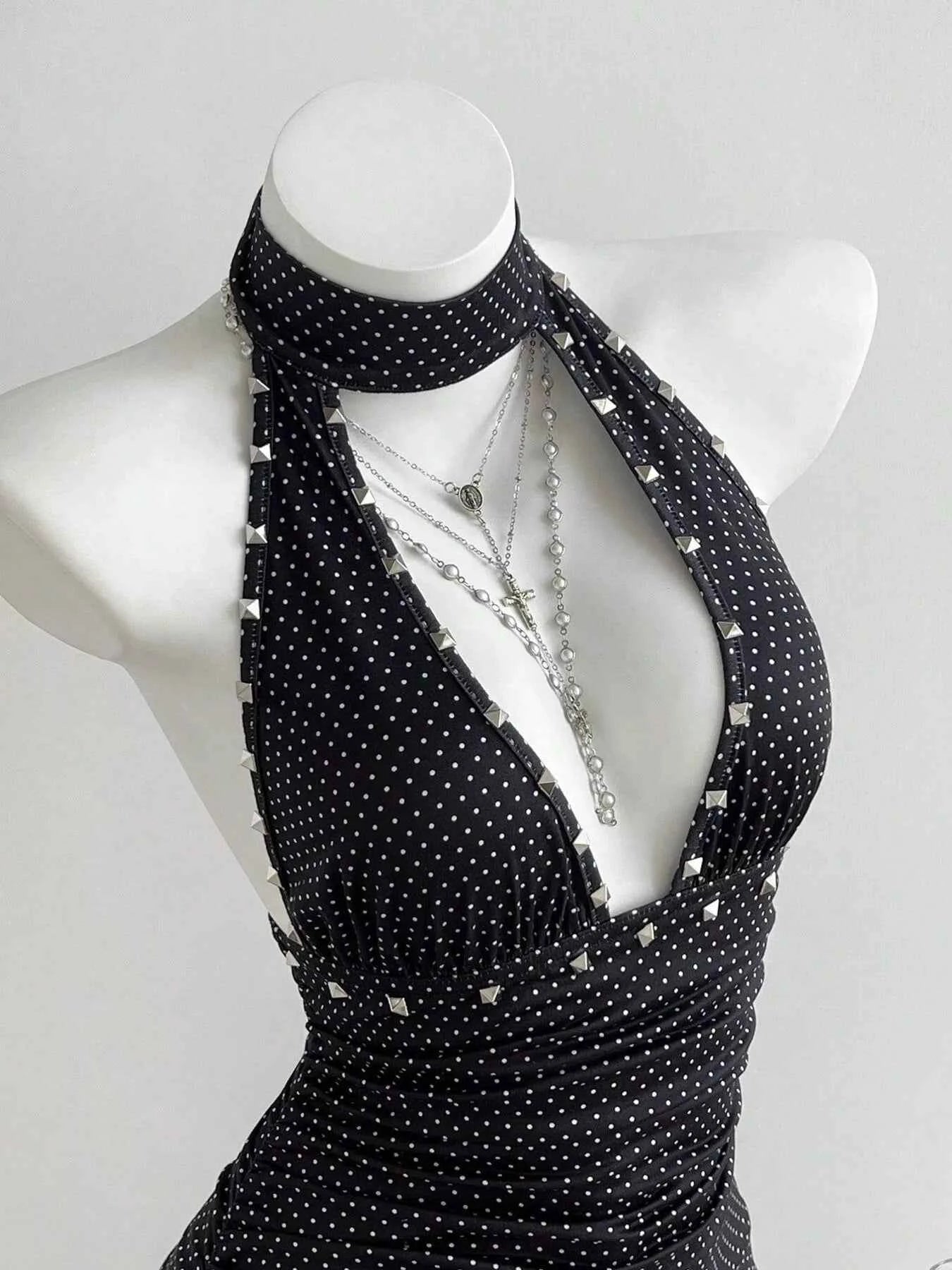 Polka Dot Cutout Front Halter Neck Dress