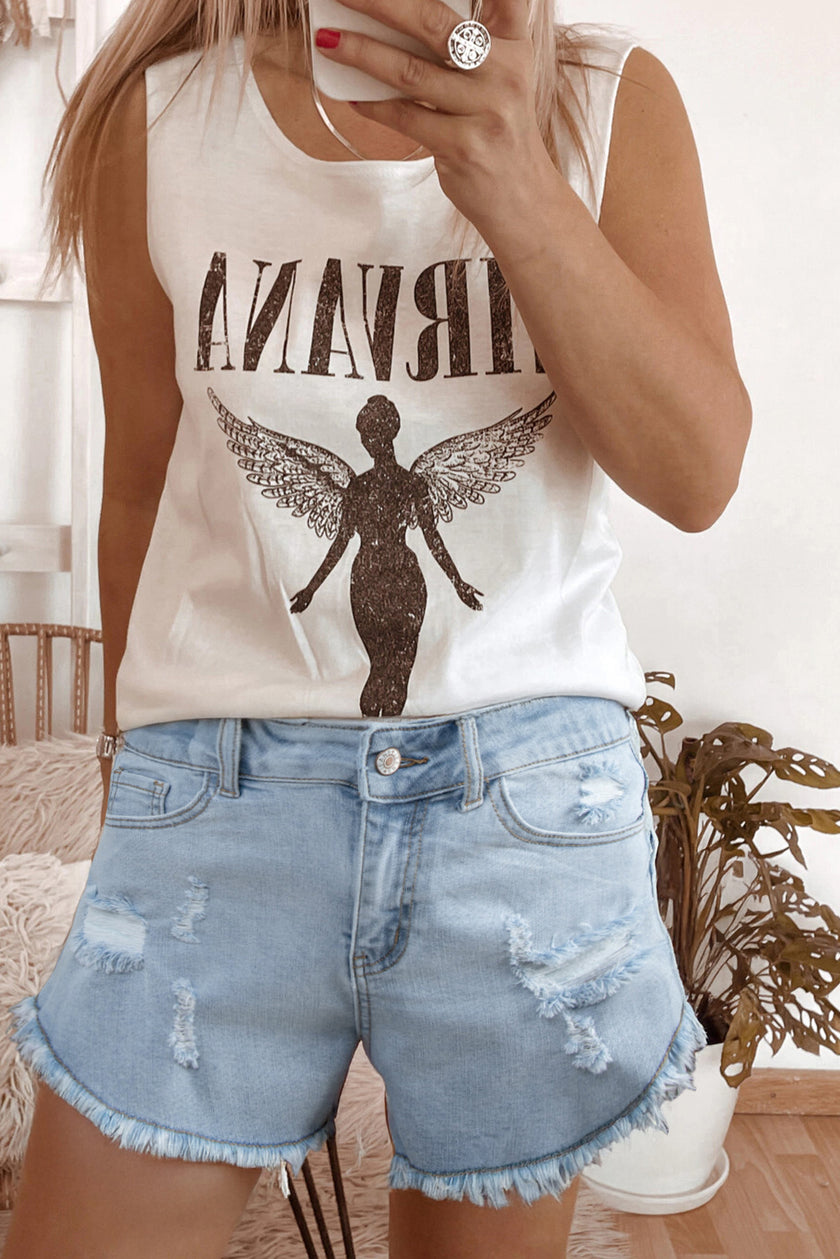 Beau Blue High Rise Distressed Raw Hem Denim Shorts - Pikemla