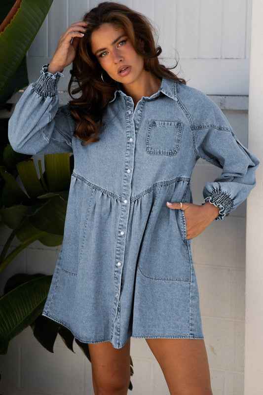 Denim Smocked Cuffs Shirt Mini Dress
