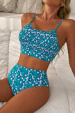 Blue Floral Print Smocked Cute Bikini Set - Pikemla