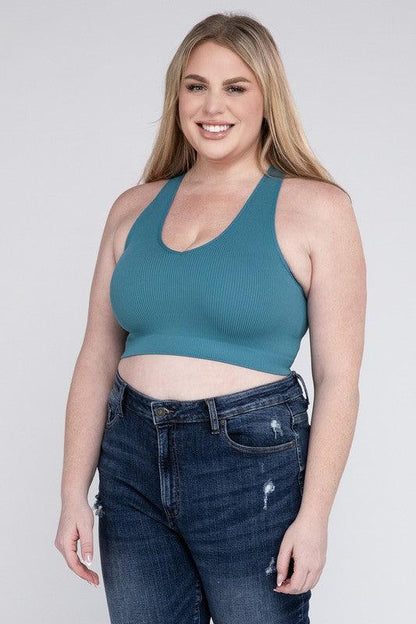 Ribbed Cropped Racerback Tank Top -Plus Sized - Pikemla