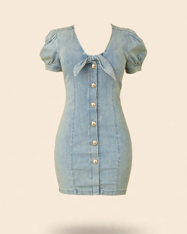 Cute Button Up Short Denim Dress - Pikemla
