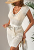 Beige Open Knit Drawstring Waist Beach Dress - Pikemla