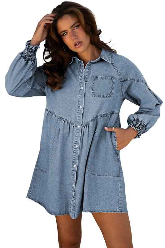 Denim Smocked Cuffs Shirt Mini Dress