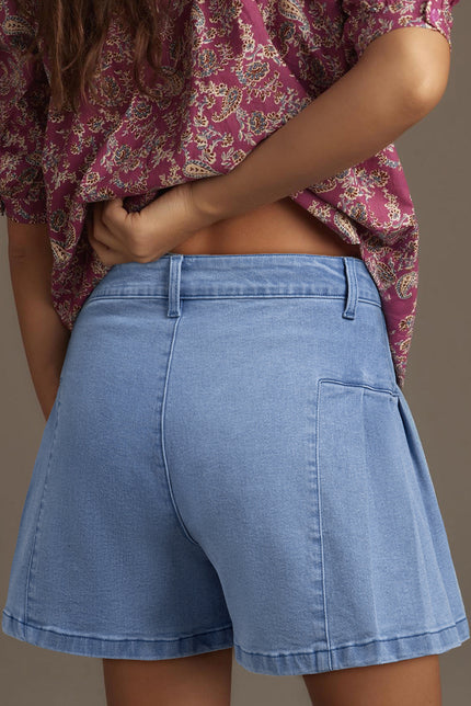 Dusk Blue Pleated Patchwork Wide Leg Lightweight Denim Shorts - Pikemla